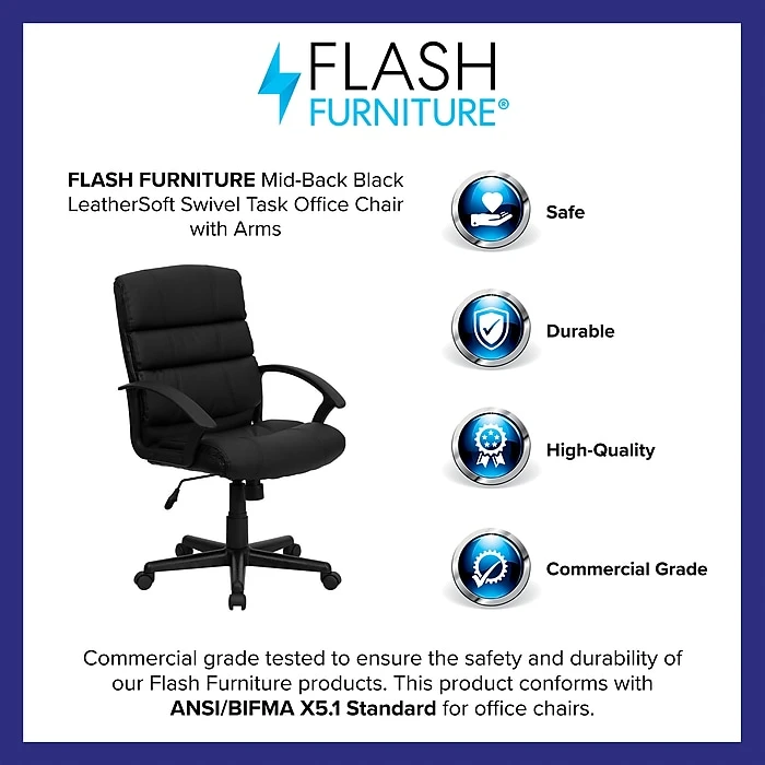 Flash Furniture Mid-Back Leather Office Chair, Black 6 Flash Furniture Mid-Back Leather Office Chair, Black - Image 4