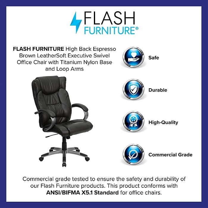 Flash Furniture High Back Leather Executive Office Chairs With Titanium Finish Loop Arms (BT9088BRN) 6 Flash Furniture High Back Leather Executive Office Chairs With Titanium Finish Loop Arms (BT9088BRN) - Image 4