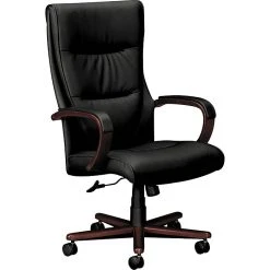 HON Topflight Executive High-Back Chair, Fixed Arms, Mahogany Finish, Black SofThread Leather (BSXVL844NSB11)