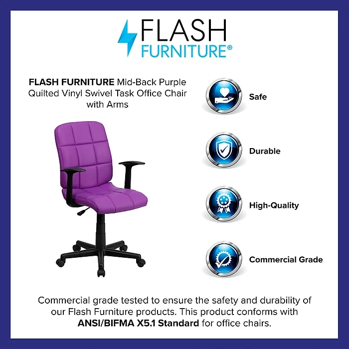 Flash Furniture Mid-Back Quilted Vinyl Task Chair With Nylon Arms, Purple 6 Flash Furniture Mid-Back Quilted Vinyl Task Chair With Nylon Arms, Purple - Image 4