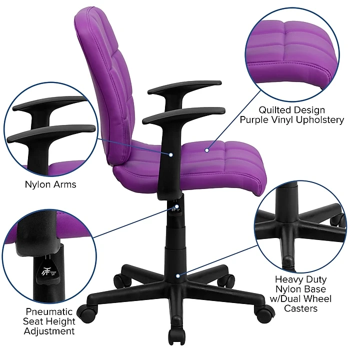 Flash Furniture Mid-Back Quilted Vinyl Task Chair With Nylon Arms, Purple 8 Flash Furniture Mid-Back Quilted Vinyl Task Chair With Nylon Arms, Purple - Image 6